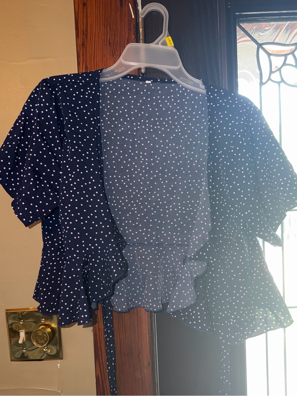 Women’s Navy Polka Dot Ruffle Wrap Top